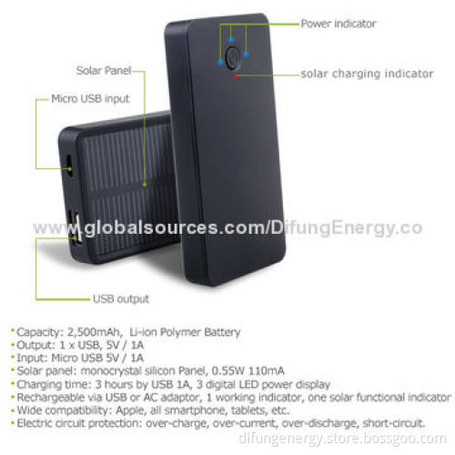 Mini Size 2,500mAh Solar Mobile Phone Charger with CE/RoHS Mark, 98 x 51 x 12mm Size
